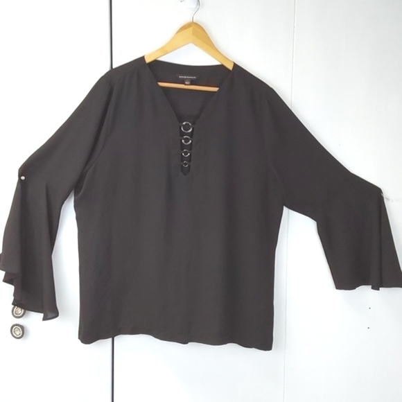 Rock & Republic Black Semi Sheer Chiffon Top Bell sleeves Flowy Neutral Sz.XL - Picture 1 of 9